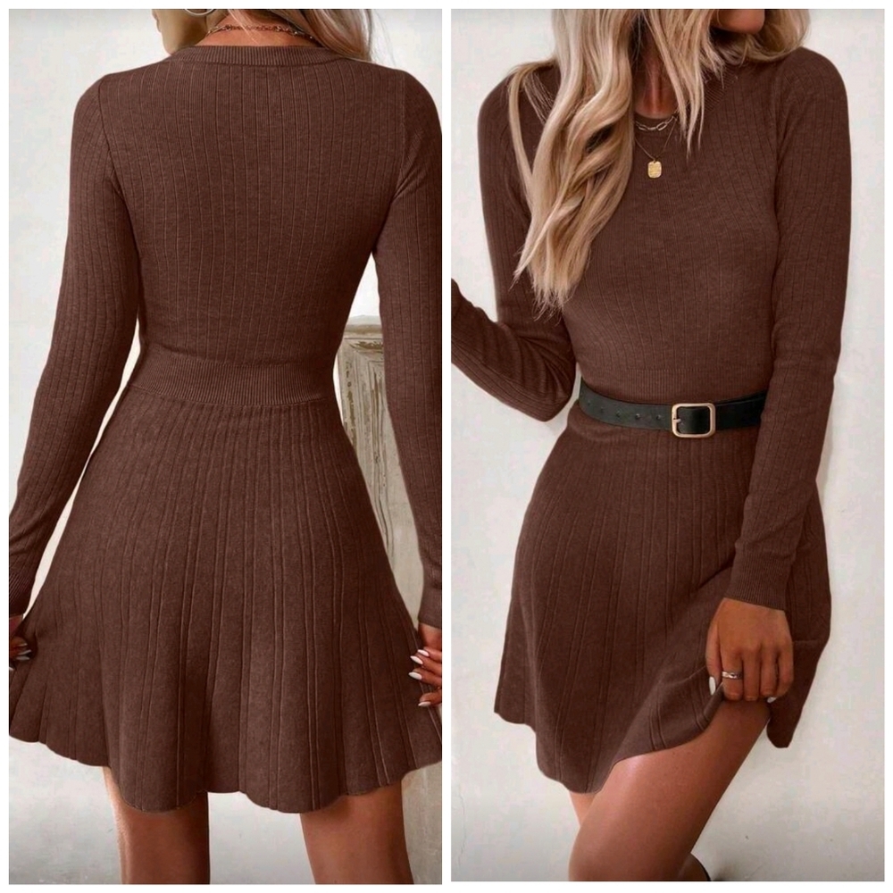 New Ribbed Knit Sweater Short Sweater Dress Long Sleeve Brown